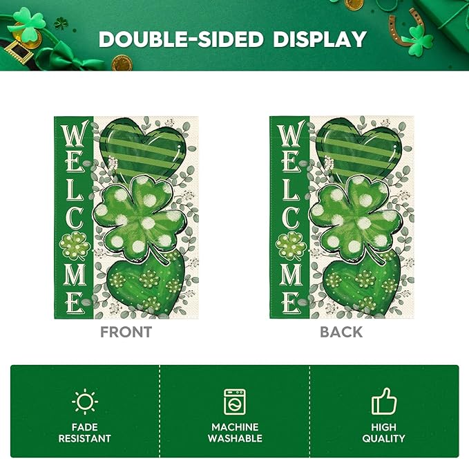 AVOIN colorlife St Patricks Day Garden Flag 12x18 Inch Double Sided Outside, Shamrocks Clovers Hearts Welcome Yard Outdoor Decoration