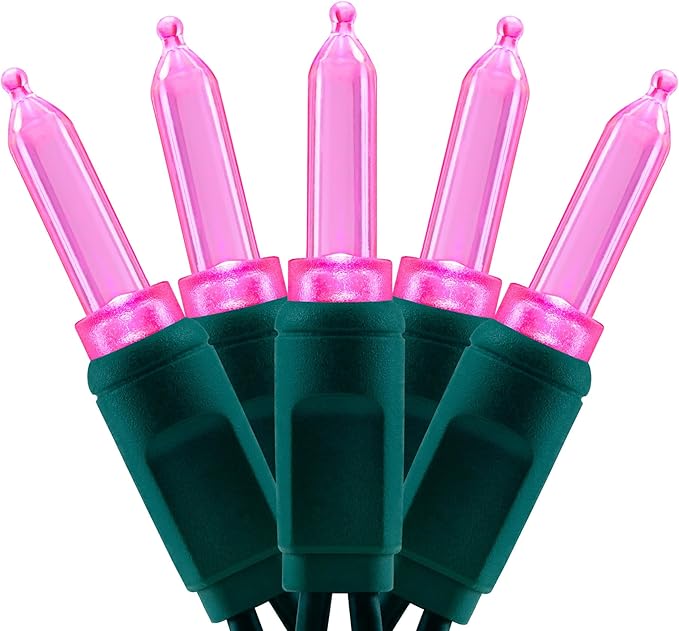 YULETIME 100 Pink One-Piece T5 LED Christmas Lights, 33 ft High Waterproof UL Certified Green Wire String Lights (Pink)