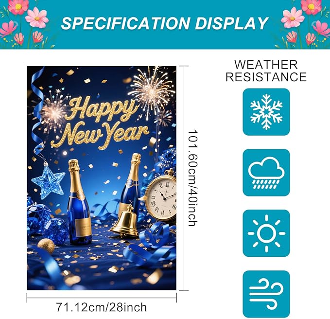 Happy New Year House Flag 28x40 Inch Double Sided Garden Flag Blue Champagne Clock and Fireworks Design Winter Holiday Yard Banner Large Outdoor Flag for Porch Lawn Home Decoration