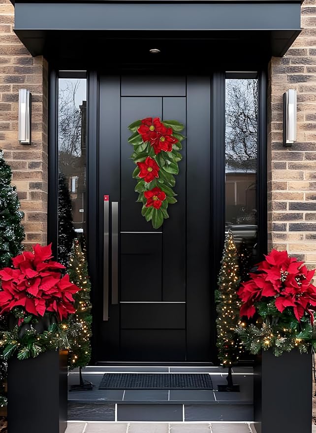 Christmas Poinsettia Teardrop Swag – 28" Artificial Magnolia Leaf Hanging Door Decoration – Holiday Front Door, Fireplace & Stairway Décor for Wedding Christmas Thanksgiving