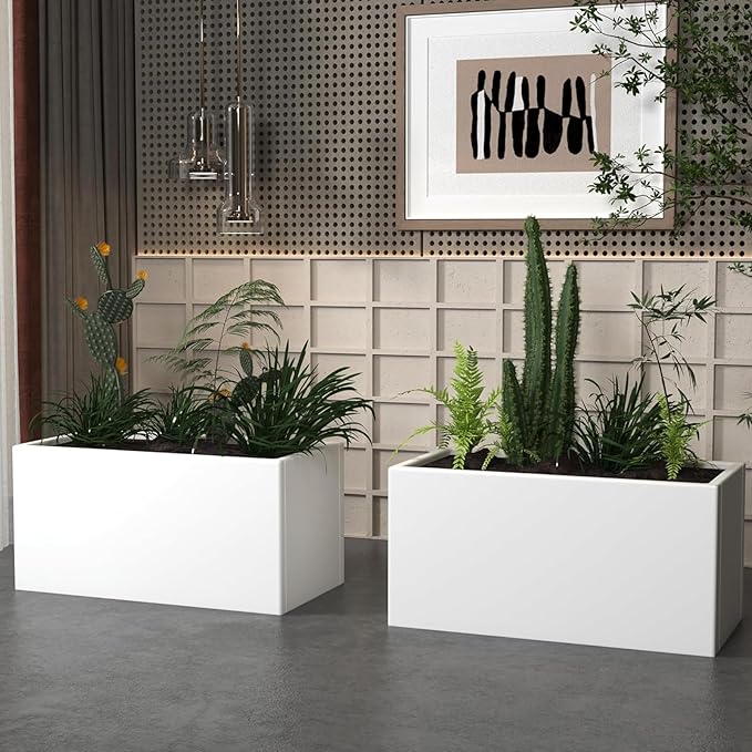 GZGNEEVL White Steel Rectangular Planter Metal Outdoor Indoor Planter Box 31.5" L x 16" W x 16" H Galvanized Steel Large Rectangle Planters Modern Commercial Residential for Trees Patio Yard Garden