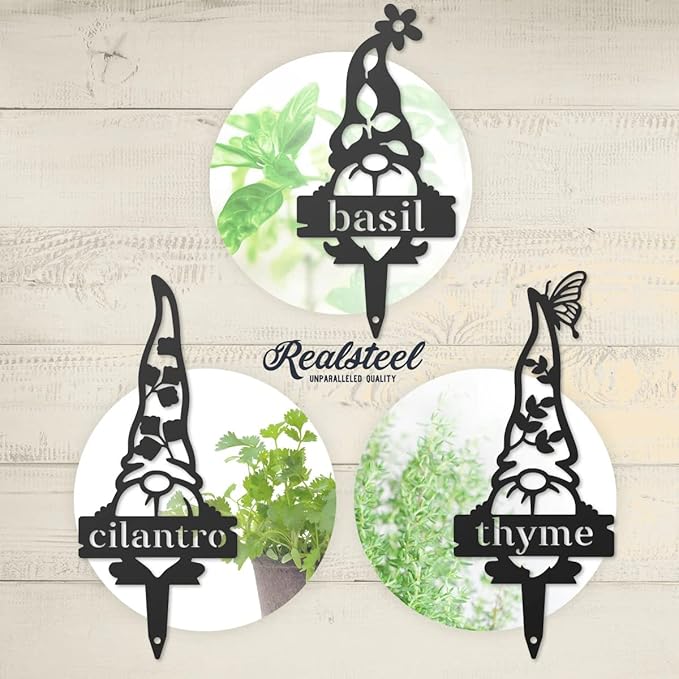 RealSteel Brand, Gnome Plant Markers for Outdoors, Garden Labels Metal Stake, Plant Tags, Garden Sign for Vegetables, Outdoor Decorations, Yard and Gardening Gift - Basil