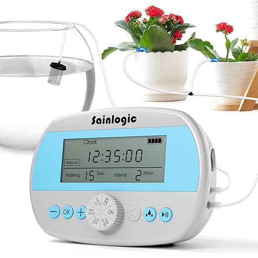 Sainlogic Smart Automatic Plant Waterer for 15 Potted Plants, Self Watering System with Deep Root Irrigation, Humidity Monitor Display, IP64 Programmable Timer for Travel, Vacation, Indoor Garden