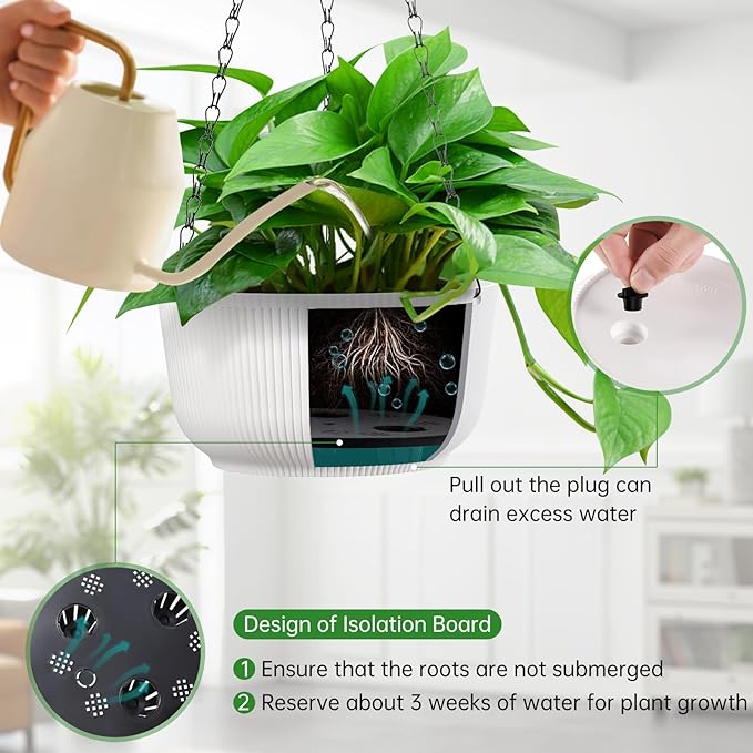 Kvetto Set of 2 White 10 Inch Hanging Planters for Indoor Outdoor Plants, Self Watering Hanging Flower Pots with Drainage Hole & Plug