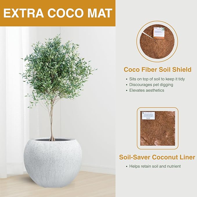 KUTE NEST 16" H x 20" D Ribbed Globo Fiberstone Round Planter with Drainage Hole, Weather Resistant for Indoor and Outdoor Use, Included 2 Extra Coco Mats (Speckled White, 13.5" Pot Opening)