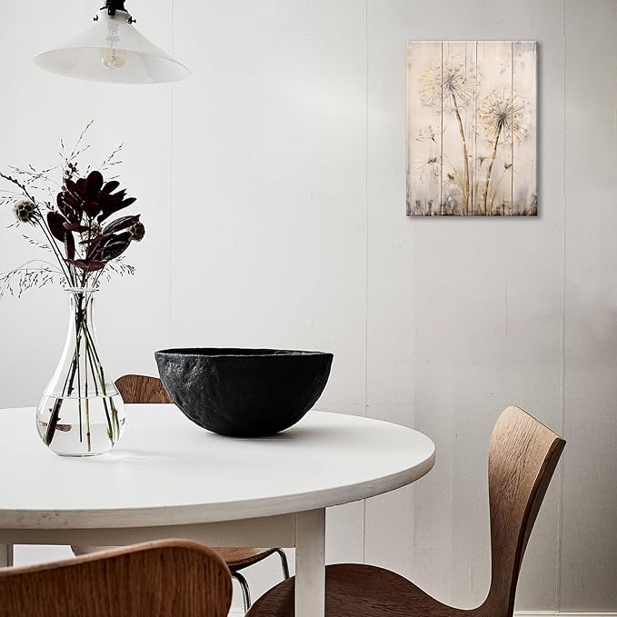 FUNHUA White Dandelion Wood Canvas Wall Art Rustic Home Decor Modern Home Decor for Living Room Home Bedroom Decoration Framed Ready to Hang12 x16