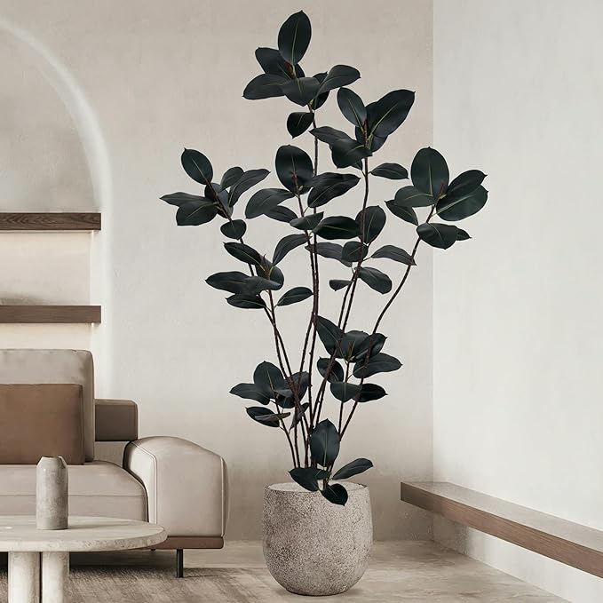 Artificial Rubber Tree 7FT with 68 Glossy Leaves & 10 Heads & Black Pot Cover with Coconut Fiber Realistic Tall Large Faux Tropical Ficus Elastica Plant 84 Inch for Indoor Home Modern Decor