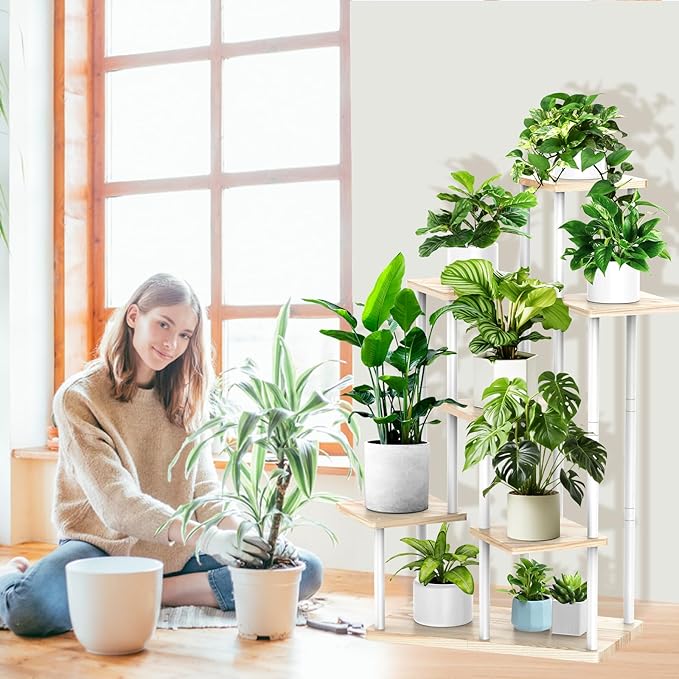 YOCOMEY 7 Tier Wood Tall Plant Stand Metal Rack Indoor, Multiple Flower Pot Holder Shelves Corner Rack, Planter Shelf Display Rack Storage Organizer for Patio Living Room Balcony Garden(White Oak)