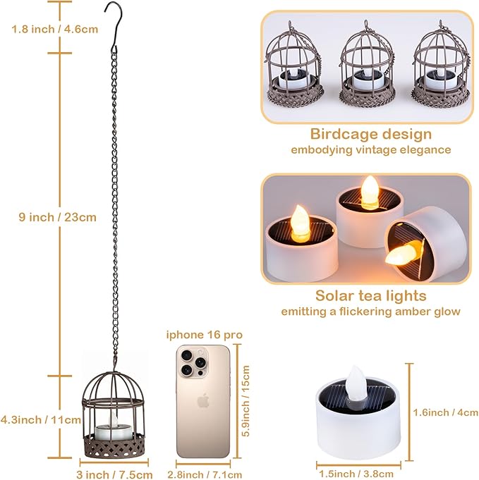 Solar-Hanging-Lanterns-Outdoor-Waterproof, Rust Birdcage Style Candle Holders with Flickering Solar Tea Lights for Backyard Patio Garden Fence Tree Decoration (3 Pack)