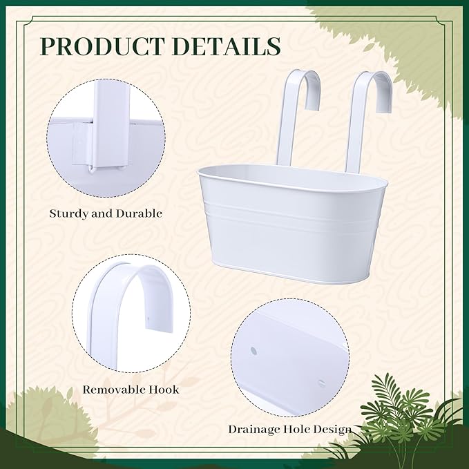 Romooa 16 Pcs Hanging Flower Pots Planters for Outdoor Metal Iron Wall Flower Planter Baskets for Railing Fence Balcony Garden Yard Home Indoor Decoration with Detachable Hooks(White)