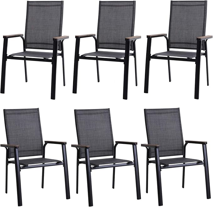 PHI VILLA Outdoor Stackable Chairs, Patio Chairs Set of 6, Light Weight Aluminum Frame with Textilene Fabric & Wood Armrest, High Back Deck Chairs for Poolside Lawn Garden, Gray