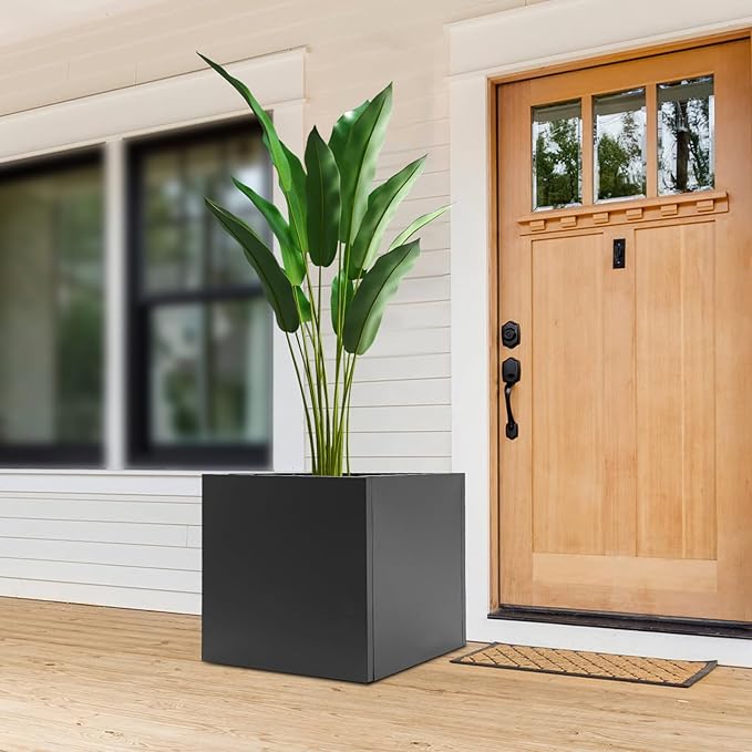 REBaiYU Steel Metal Square Planter Box for Indoor Outdoor, 20/24Inch Modern Flower Pots Tall Cube Planters with Large Opening Design for Plants, Flowers, Garden (Black, 24Inch)