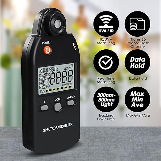 3-in-1 PAR Meter 320-800nm PPFD Tester Meter Measures PPFD/UVA/IR Light Intensity, Quantum PAR Meter for LED Grow Lights, Spectroradiometer RGB Meter 5000μmolm/s with Data Records, Hold/MAX/MIN/AVG