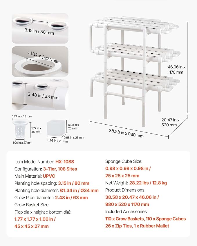 VEVOR Hydroponics Growing System Kit, 3-Tier 108 Sites UPVC Pipe Hydroponic Grow Kit with Timed Irrigation, Sun & Light Blocking Pipes, Indoor Home Garden Vegetable Planting Grow Kits for Fruit Herb