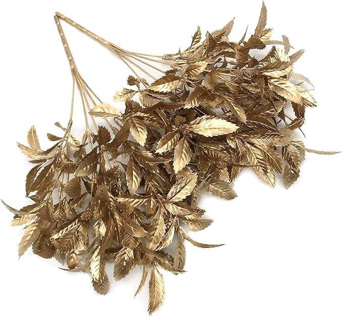 PASYOU Artificial Golden Plants Decor, Plastic Grass Fake Shrubs Simulation Leaves for Indoor Outdoor Home Garden Planter Filler Party Verandah Wedding Faux DIY Decoration - Gold 6 Pack