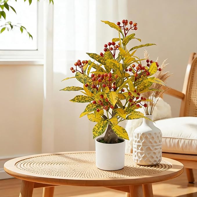 24" Artificial Greenery Tree with Pot, Indoor Fake Green Plant Small Faux Berry Branches Green Potted Tree Stems for Tabletop Kitchen Livingroom Bedroom Bathroom Home Office Decor (Orange-red Berry)