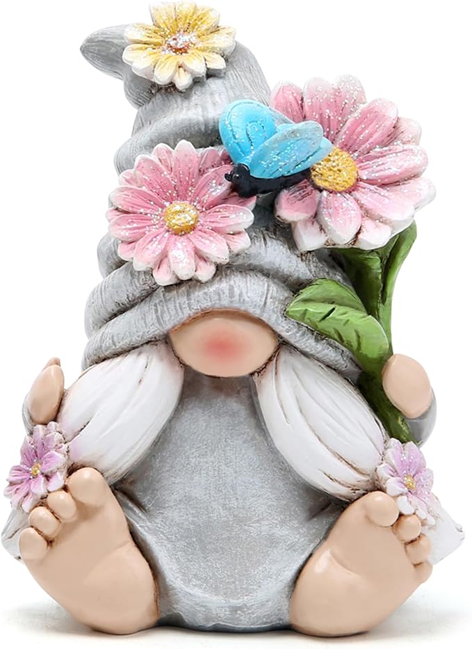Hodao Flower Gnomes Ornaments Decor Gifts Summer Gnomes Figurines for Garden Decorations Spring Sculptures Gifts for Outdoor Decor for Mom, Grandma (Grey-Woman)
