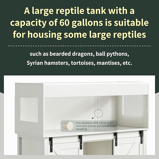 Herture 60 Gallon Reptile Terrarium with Stand, Terrarium Enclosure with Acrylic Doors, Storage Cabinet with Barn Door, Mesh Lid & Power Outlet – Vivarium Habitat for Medium Reptiles White PX05RTW