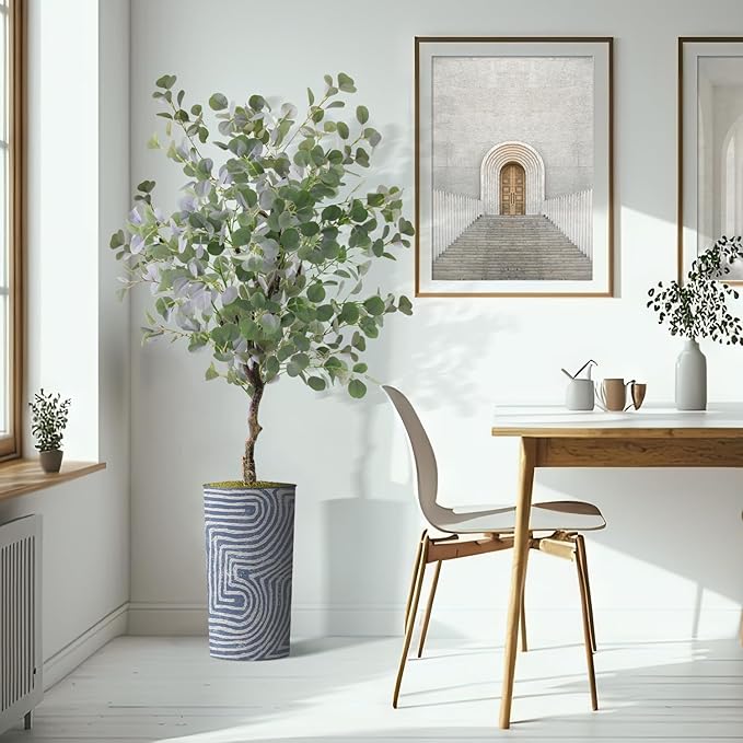 Artificial Tree in Contemporary Geometric Pattern Planter, Fake Eucalyptus Silk Tree for Indoor and Outdoor Home Decoration - 66" Overall Tall (Plant Pot Plus Tree)
