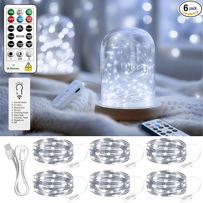 ZSJWL 6 Pack Rechargeable Fairy Lights with Remote & DIY Timer, 7Ft 20LED Mini Battery String Light, Twinkle Silver Copper Wire Lights for Wedding Party Bedroom Christmas Table Decoration (White)
