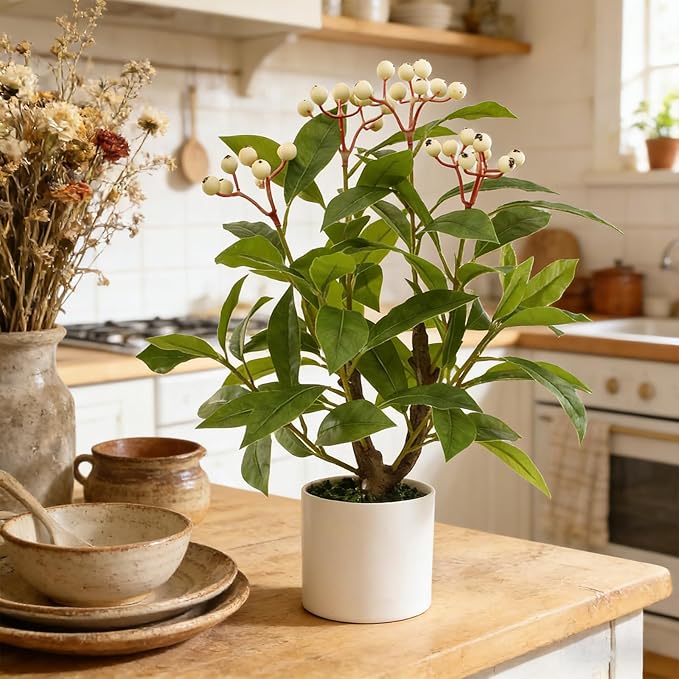 16" Artificial Potted Greenery Tree, Indoor Fake Berry Stems Tree in Pot Table Faux Green Plant for Home Desk Decor Office Kitchen Living Room Bedroom Bathroom (S, White Berry)