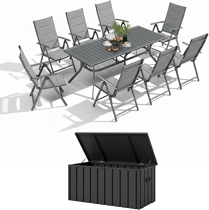 PURPLE LEAF Outdoor Dining Set for 8 with Storage Box Aluminum Patio Table and Folding Chairs Modern Patio Furniture Dining Table Set ldeal for Deck Under Pergola Poolside Outdoor Kitchen, Grey