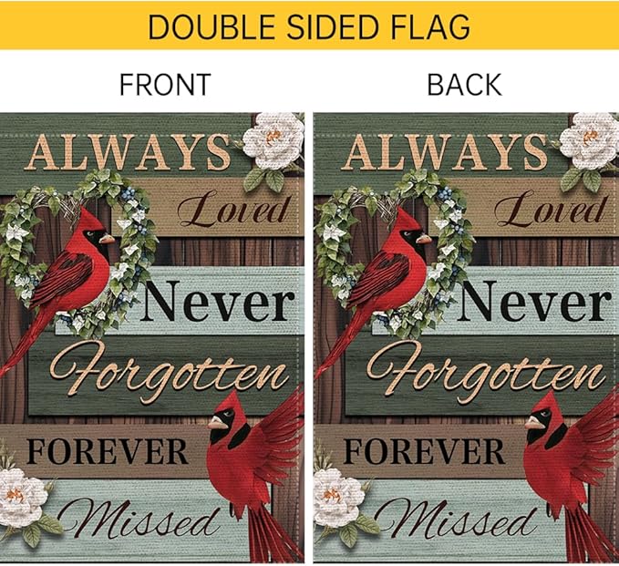 Cardinal Memorial Garden Flag 12x18 Inch Double Sided Outside, Always Loved Never Forgotten Memorial Day Gravesite Saying Yard Outdoor Decoration