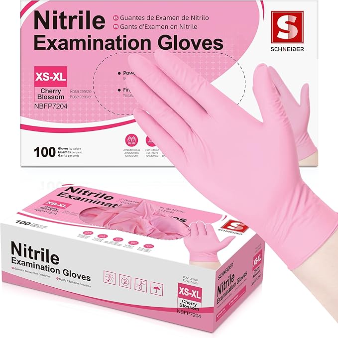 Schneider Pink Nitrile Gloves, Latex Free Exam Gloves Disposable Latex Free, Disposable Gloves for Cooking & Medical