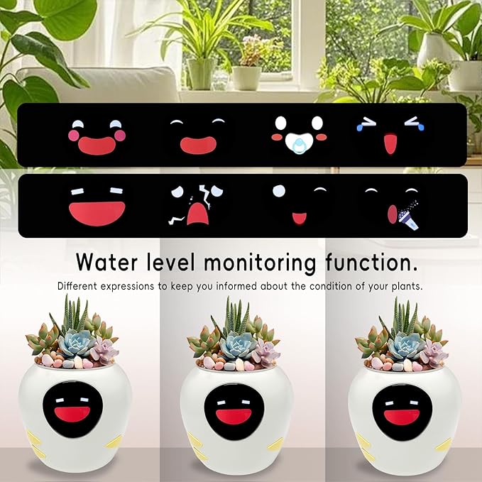 Odpaltoy Smart Plant Pot with Expression, AI Intelligent Flower Pot for Indoor Decoration, Smart Garden Pot with Water/Light/Temperature Sensors, Ivy AI Planter (White（Big）)