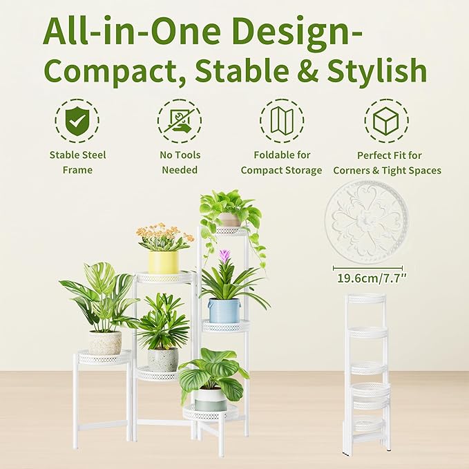 NQW 6 Tier Metal Plant Stand, 6 Potted Multiple Flower Pot Holder Shelf, Indoor&Outdoor Folding Planter Display Shelves for Patio Garden, Living Room, Corner Balcony, Bedroom - WhiteWave