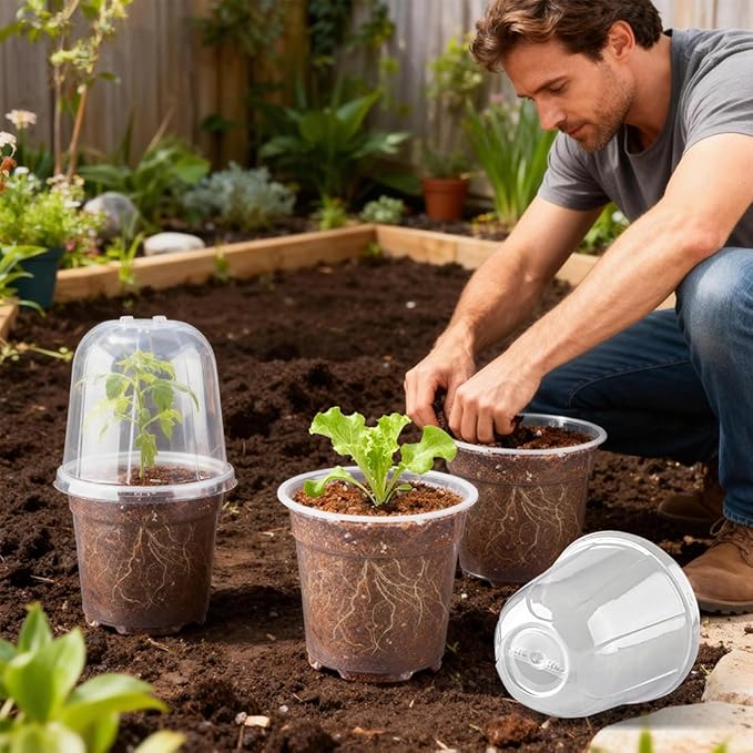 6 Inch Clear Nursery Pots with Humidity Dome, 30 Pack Reusable Seed Starter Pot with Drainage Holes, Transparent Plastic Plant Seedling Pots for Propagation Indoor Plants Outdoor Gardening