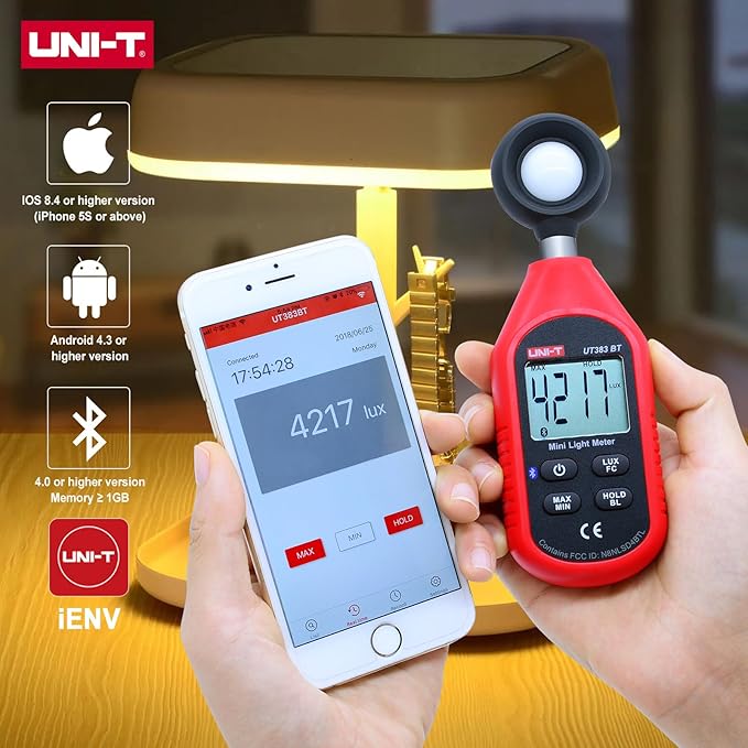 UNI-T UT383BT Digital Illuminance Light Meter Tester Lux Meter 0~199,900 Lux (0~18,500 FC) Foot Candles Luxmeter for Film Photography Plants Photometer Lighting Intensity Brightness Measurement