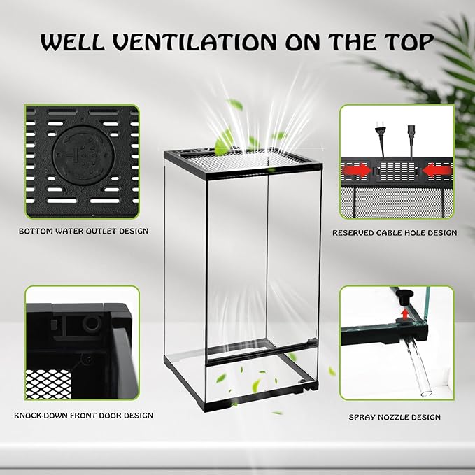 waazoorep 15 Gallon Tall Reptile Glass Tank 12"x12"x24" with Drainage System - Pre-Assembled Vertical Reptile Cage for Arboreal Geckos,Chameleon,Lizard,Tree Frog and Snake with Terrarium Decoration