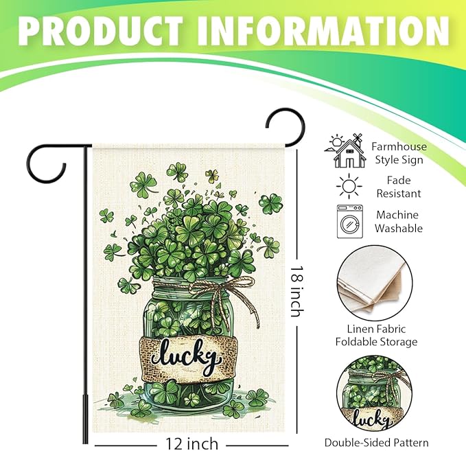 St Patricks Day Garden Flag 12x18 Inch Double Sided,Shamrocks Lucky Outdoor Irish Decor House Porch Flag for St Patrick's Day Party and Yard Decorations