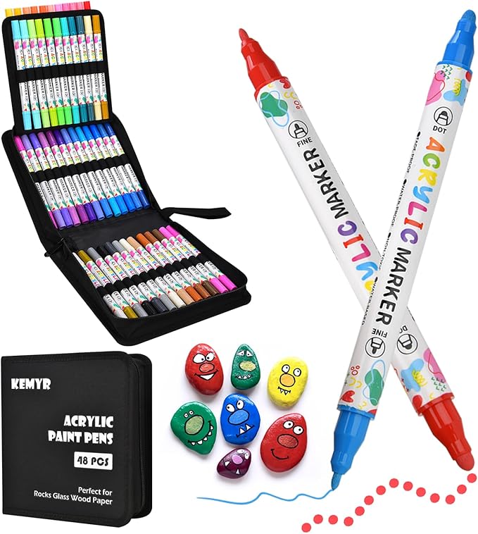 KEMYR 48 Colors Acrylic Paint Pens, Dual Tip Acrylic Paint Markers for Paper, Wood, Canvas, Stone, Rock Painting, Glass, Fabric, DIY, Ceramic, Art Supplies for Adults Drawing (Dot + Fine)