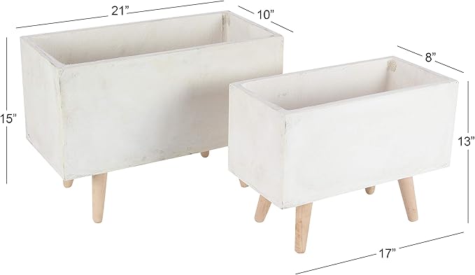 Deco 79 Fiberclay Ceramic Indoor Outdoor Planter Rectangular Large Planter Pot with Brown Wooden Legs, Set of 2 Planters 21", 17"W, White