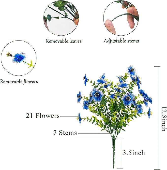 BCBLF Faux Flowers for Outdoor Planters, Artificial Flowers for Outdoors, 12 Bundles Outdoor Flowers Uv Resistant, Blue, UV Resistant Fake Plant