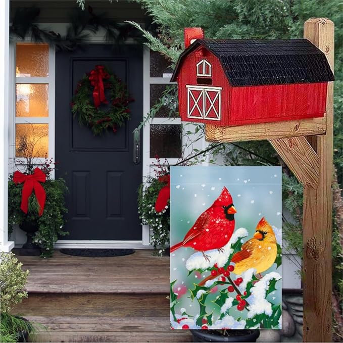 Winter Cardinal Garden Flag 12.5 x 18 Inch Double Sided Home Decor, Berry Snowflake House Outside Outdoor Cardinal Burlap Yard Flag Decoration