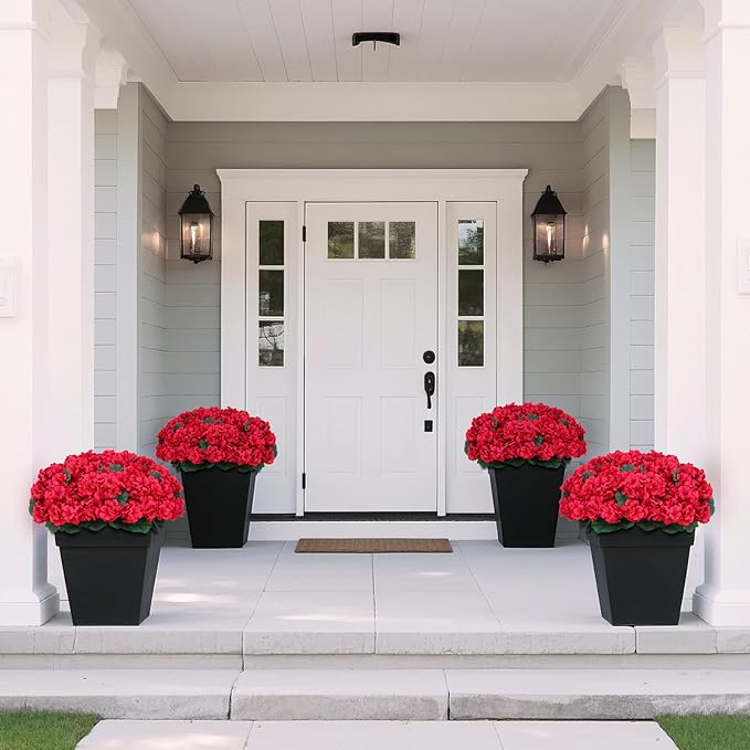 Juxdp 18" Artificial Geraniums Topiary for Front Porch Decor,Faux Silk Flowers Bushes UV Resistant Potted Plants for Outdoor Indoor Door Offices Garden Farmhouse Home Decor (Red)