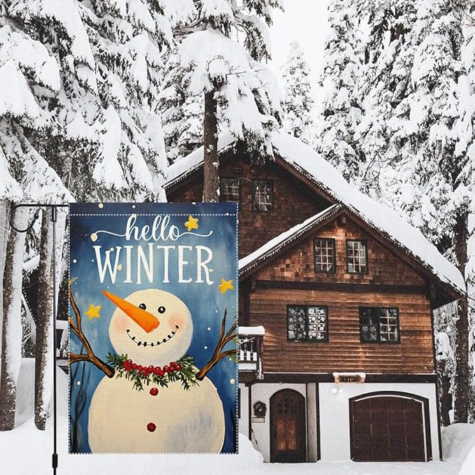 Winter Snowman Garden Flag Double Sided 12x18 Inch Small Burlap Outdoor Yard Decoration Seasonal Holiday Welcome Banner