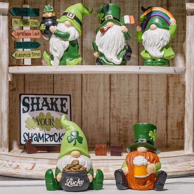St Patrick's Day Gnome Decorations - 2PC Gnome Figurines with Lucky Shamrocks Beer Cups Pot of Gold Resin Faceless Dolls St. Patricks Day Farmhouse Décor for Home 2.75*2.25*4.75 in Newman House Studio