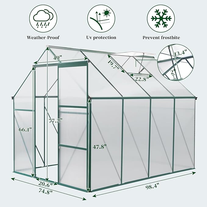 VINGLI Greenhouse, 6x8 FT Heavy Duty Polycarbonate Greenhouse with 5 Roof Vents, Aluminum Frame, Sliding Doors, Green