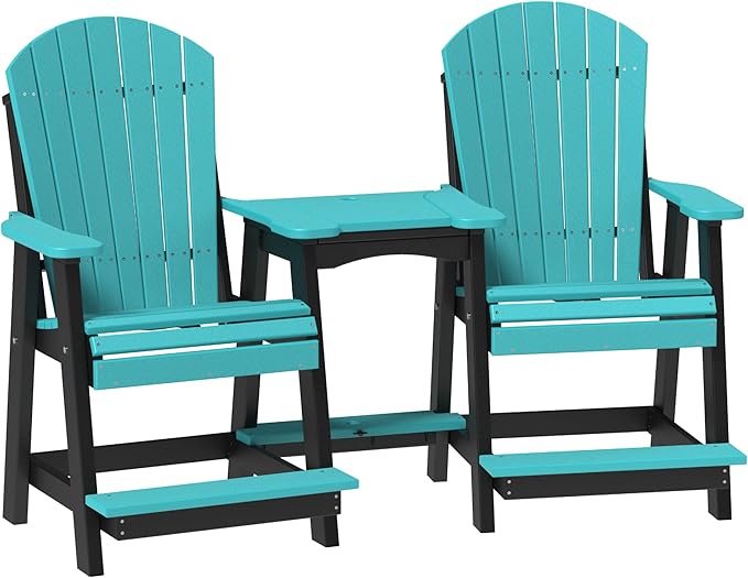 LuxCraft Poly Tete-a-Tete Patio Table and Counter Height Balcony Chairs with Umbrella Hole, Weatherproof Outdoor Patio Furniture Set for Outside - Amish Made in USA (Aruba Blue & Black)