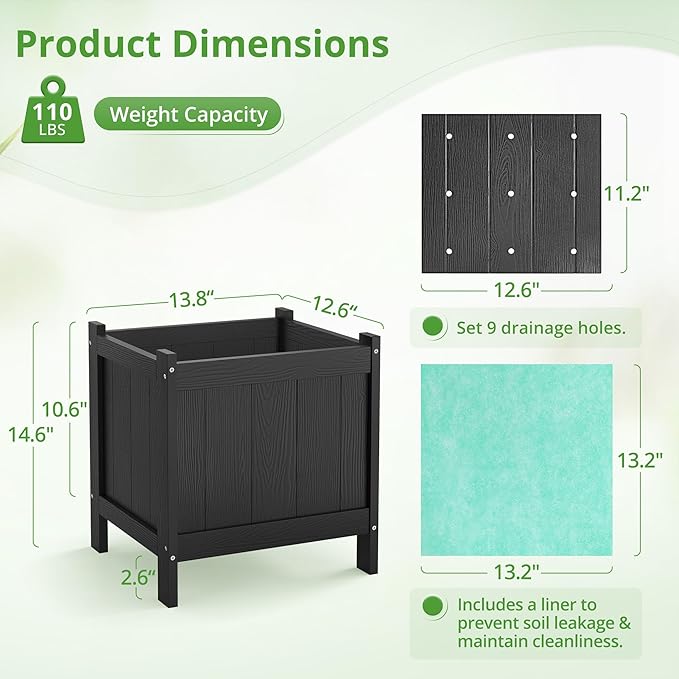 LUE BONA Outdoor Plant Pots, 13.7" x 12.5" x 14.5" Flower Pots with Drainage Holes, Outdoor Planters Boxes for Outdoor Plants - Porch Patio, Garden or Entryway, Black