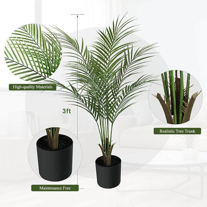 Artificial Palm Plant 3FT Fake Palm Tree with 9 Trunks Perfect 36inch Faux Tropical Palm Plants in Pot for Indoor Outdoor House Home Office Garden Modern Decor Housewarming Gift (1Pack)