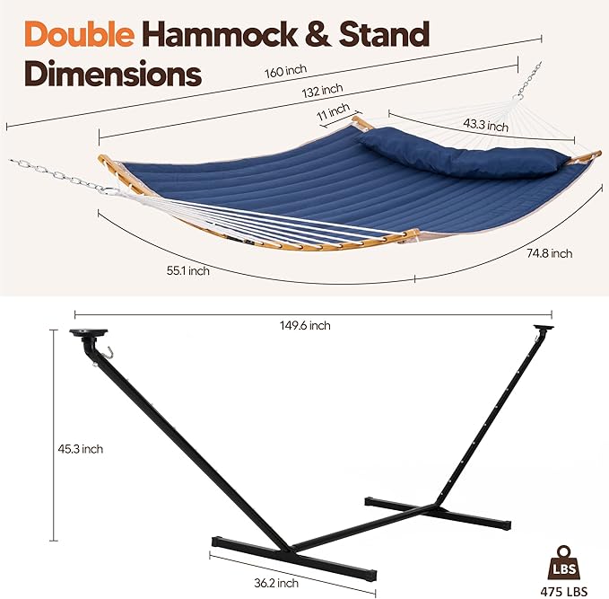 SUNCREAT Double Outdoor Hammock with 12 ft Stand, Solar Powered Lights, Portable 2 Person Hammock with Stand, Dark Blue