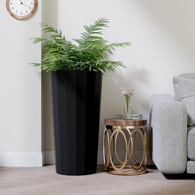 Diyfire 2PCS Tall Planters for Outdoor Plants, 23.6 Inches Large Outdoor Conical Flower Pots for Porch with Drainage Holes and Drainage Baffle, Tapered Large Planters for Garden, Balcony Use, Black