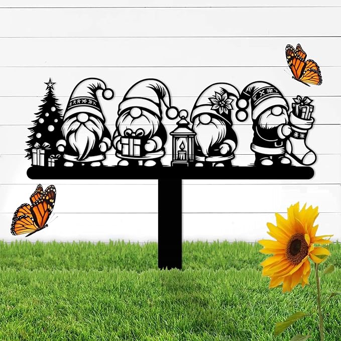 Magilab Personalized Iron Yard Stake - Christmas Cute Gnome Dwarves Decor, 8-Inch Black Metal Garden Sign for Outdoor (Style Q)