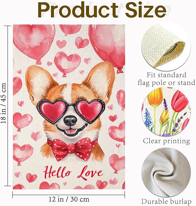 Valentine's Day Corgi Hello Love Garden Flag, House Yard Plaid Love Heart Outside Decoration, Spring Holiday Wedding Anniversary Outdoor Small Decor 12x18(12644)