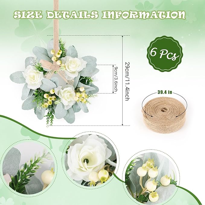 6 Pcs Wedding Rose Candle Rings Swag Wreath Artificial Floral Wreaths with Lamb Leaf Flower Candle Rings Candleholders Garland for Pillar Centerpiece Party Table Wall Window Farmhouse Decor